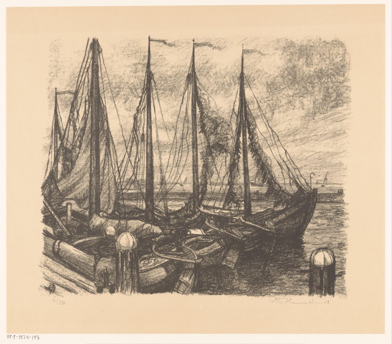Fortøyd fiskefartøy i en havn av Otto Hanrath (signed by artist)