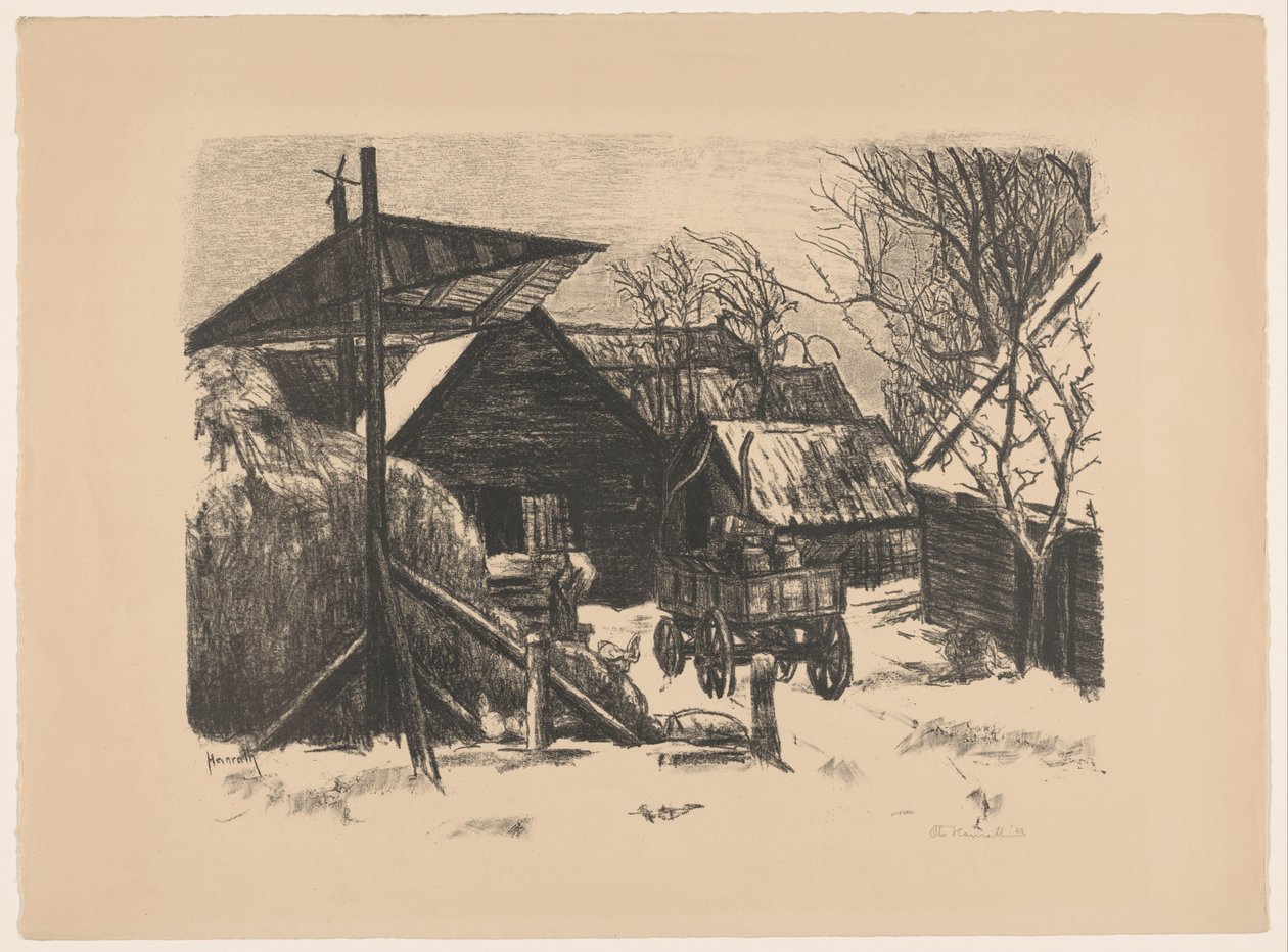 Gårdstun i snøen av Otto Hanrath (signed by artist)