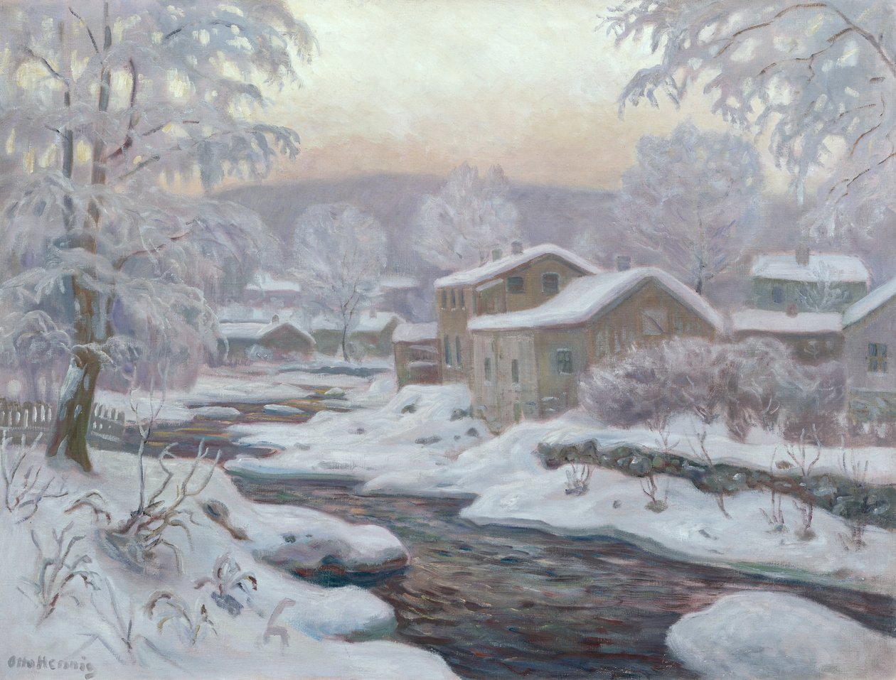 Vinter ved elven (maleri) av Otto Henning