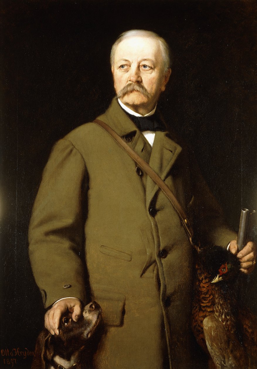 Portrett av Otto von Bismarck i jaktklær med sin hund og en død fasan, 1897 av Otto Johann Heinrich Heyden