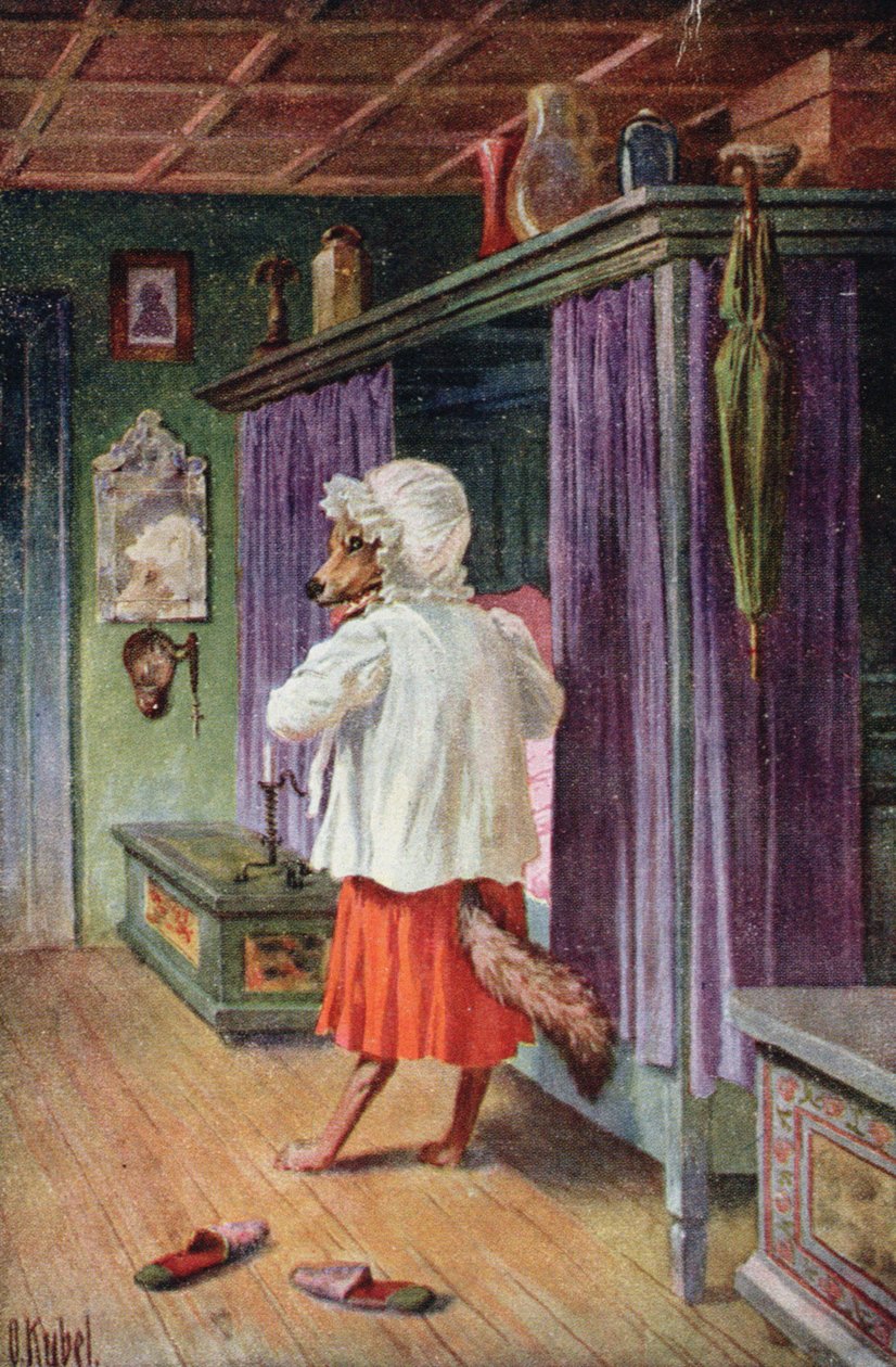 Postkort som viser ulven forkledd som Rødhettens bestemor (farge litho) av Otto Kubel