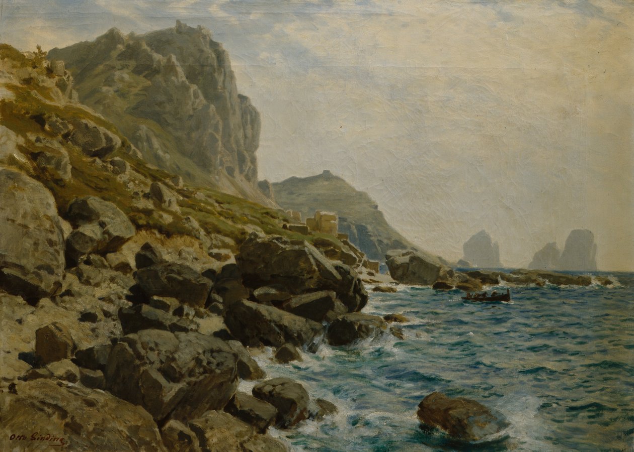 Dramatisk kystlandskap med båt (olje på lerret) av Otto Ludvig Sinding