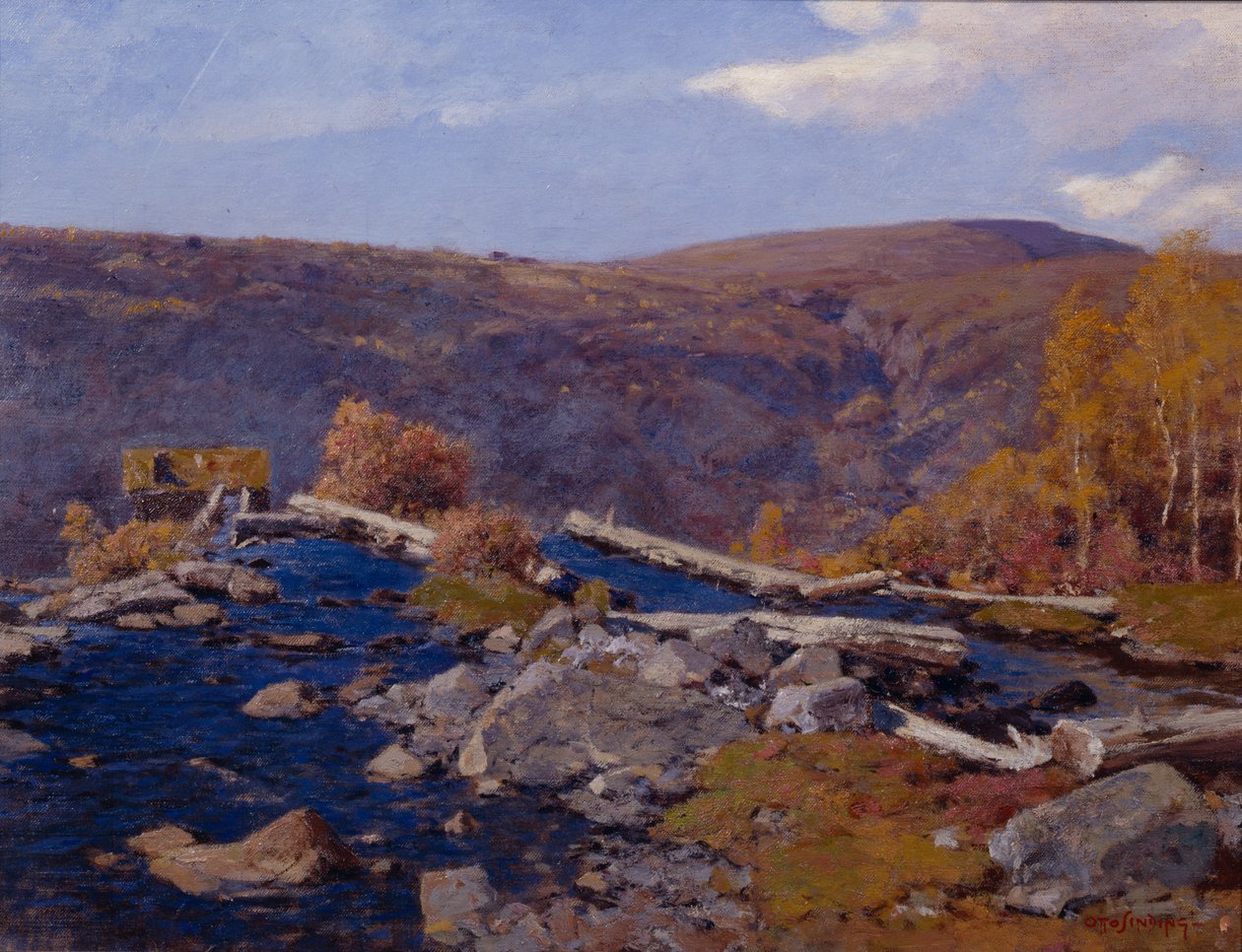 Fjelllandskap med elv (olje på lerret) av Otto Ludvig Sinding