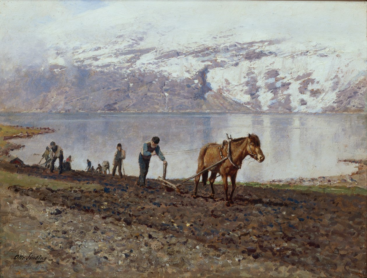 Pløying med hester (olje på lerret) av Otto Ludvig Sinding