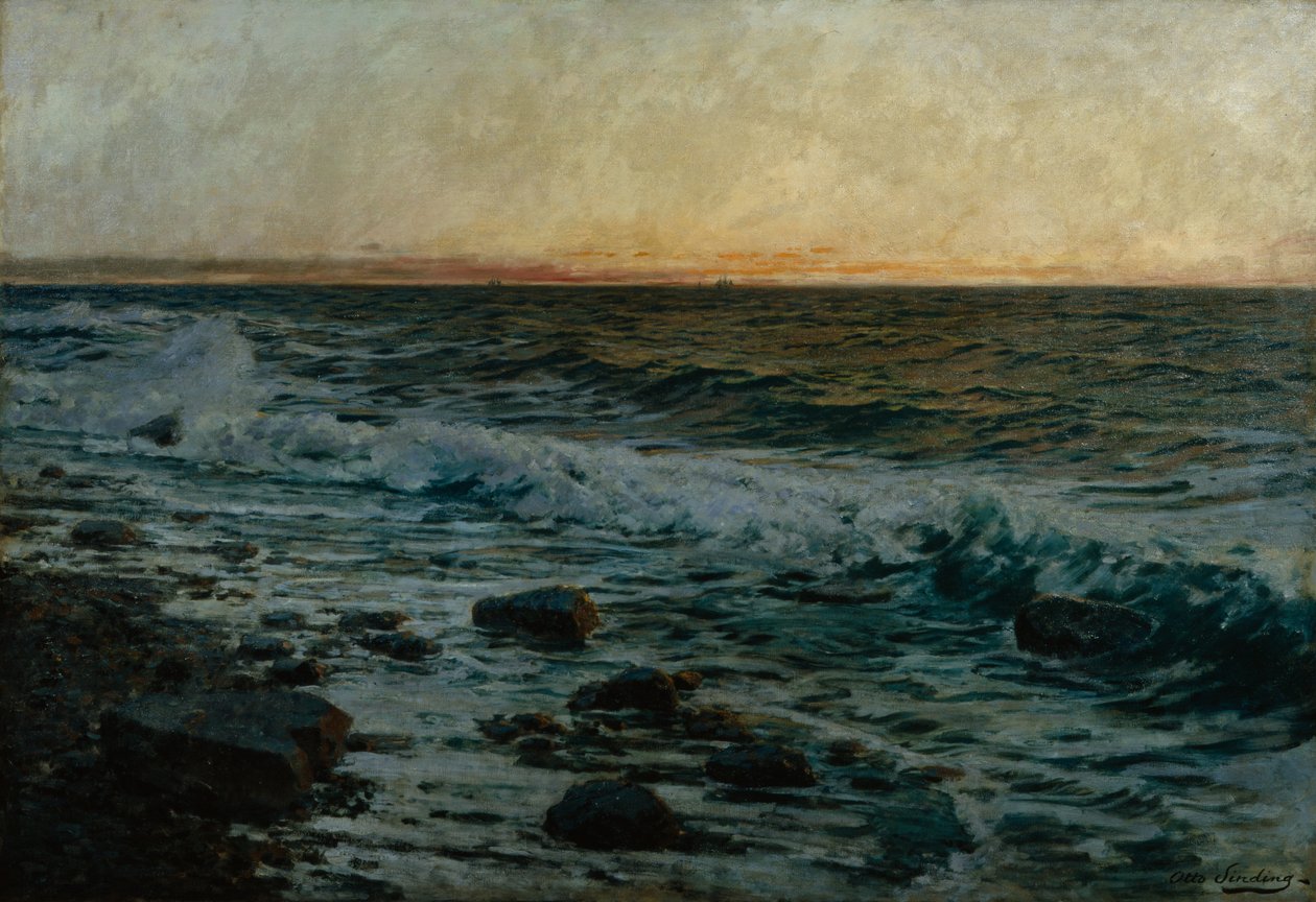 Solnedgang ved havet (olje på lerret) av Otto Ludvig Sinding