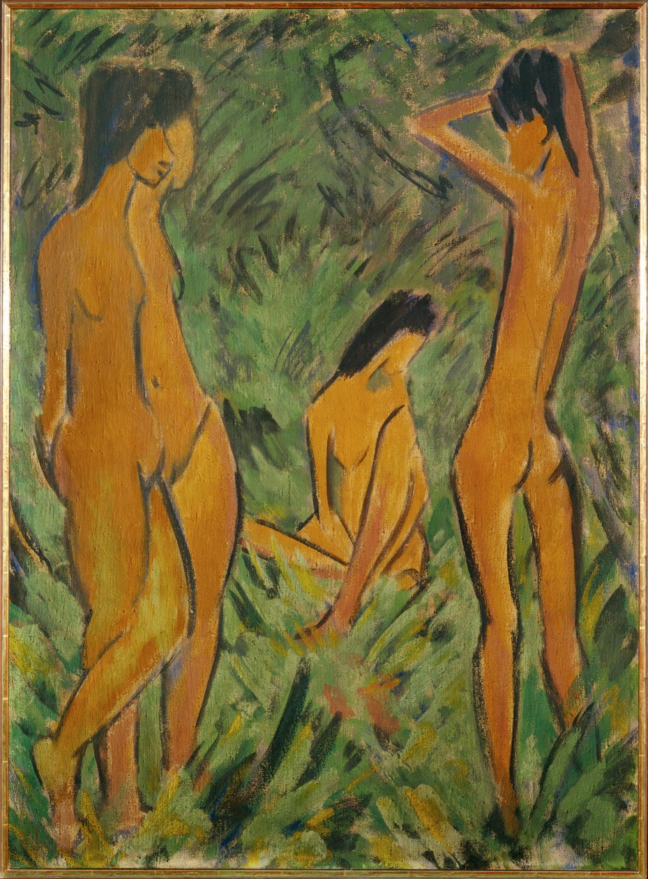 Gutt foran to jenter, en stående, en sittende (valpesyke på jute) av Otto Muller or Mueller