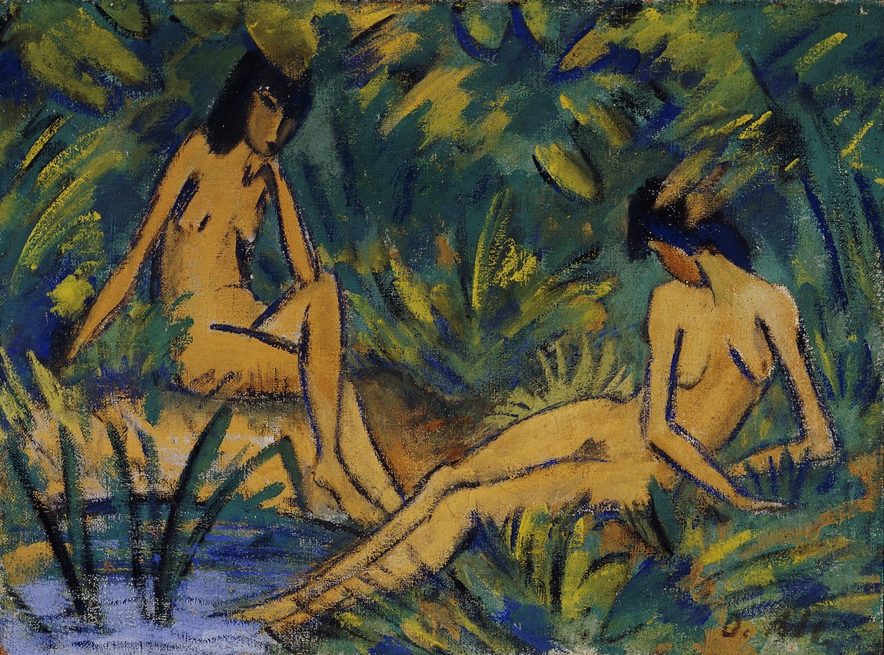Sittende kvinne ved vann; Sittende jenter ved vannet, ca. 1914-16 av Otto Mueller