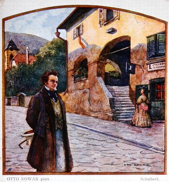 Franz Peter Schubert (1787-1828) foran skomakerens hus, ca. 1910 (farge litho) av Otto Robert Nowak