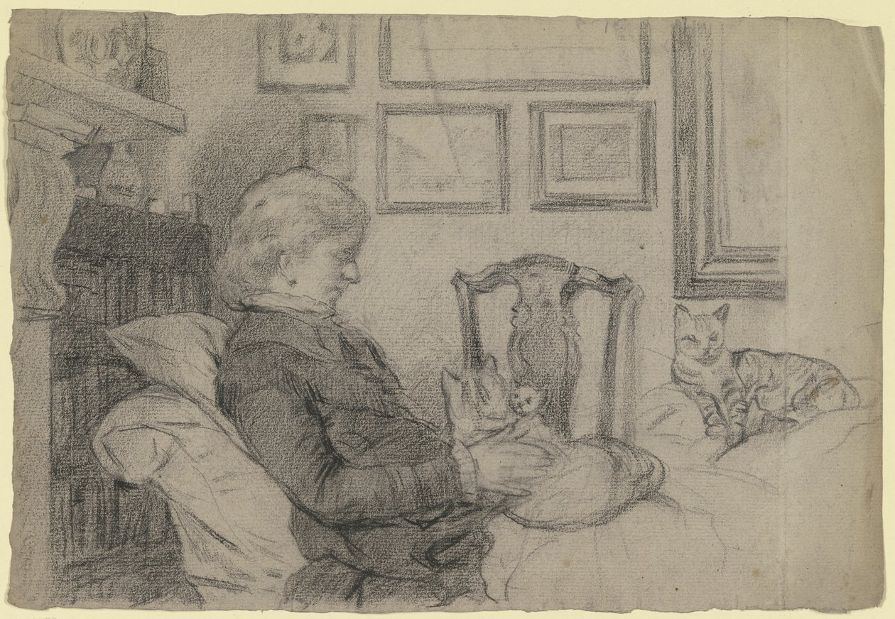 Luise Scholderer ved peisen med mange katter av Otto Scholderer