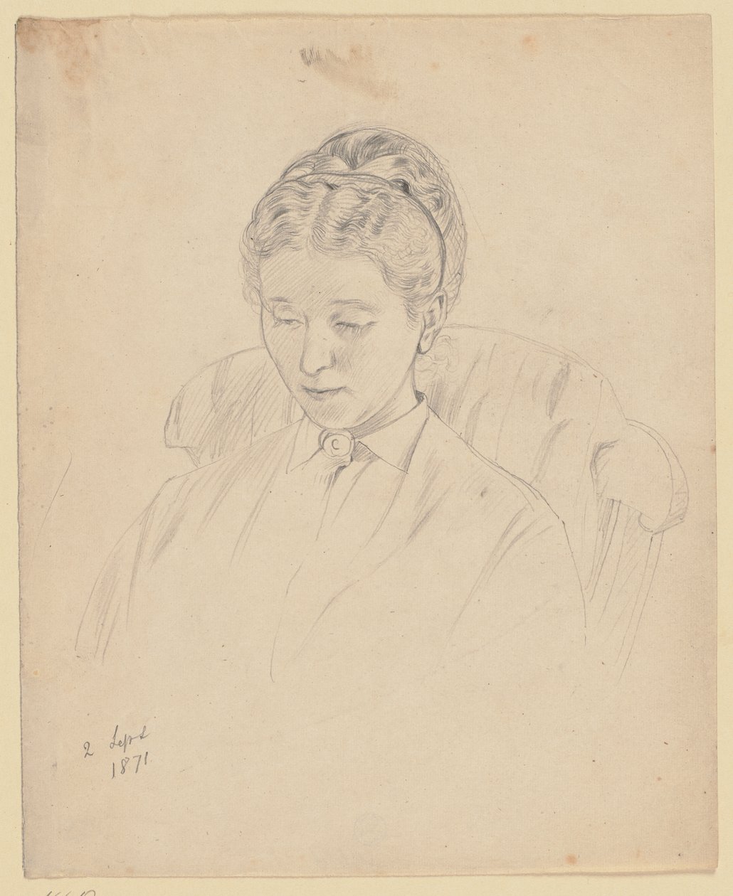 Luise Scholderer, sittende i en lenestol av Otto Scholderer