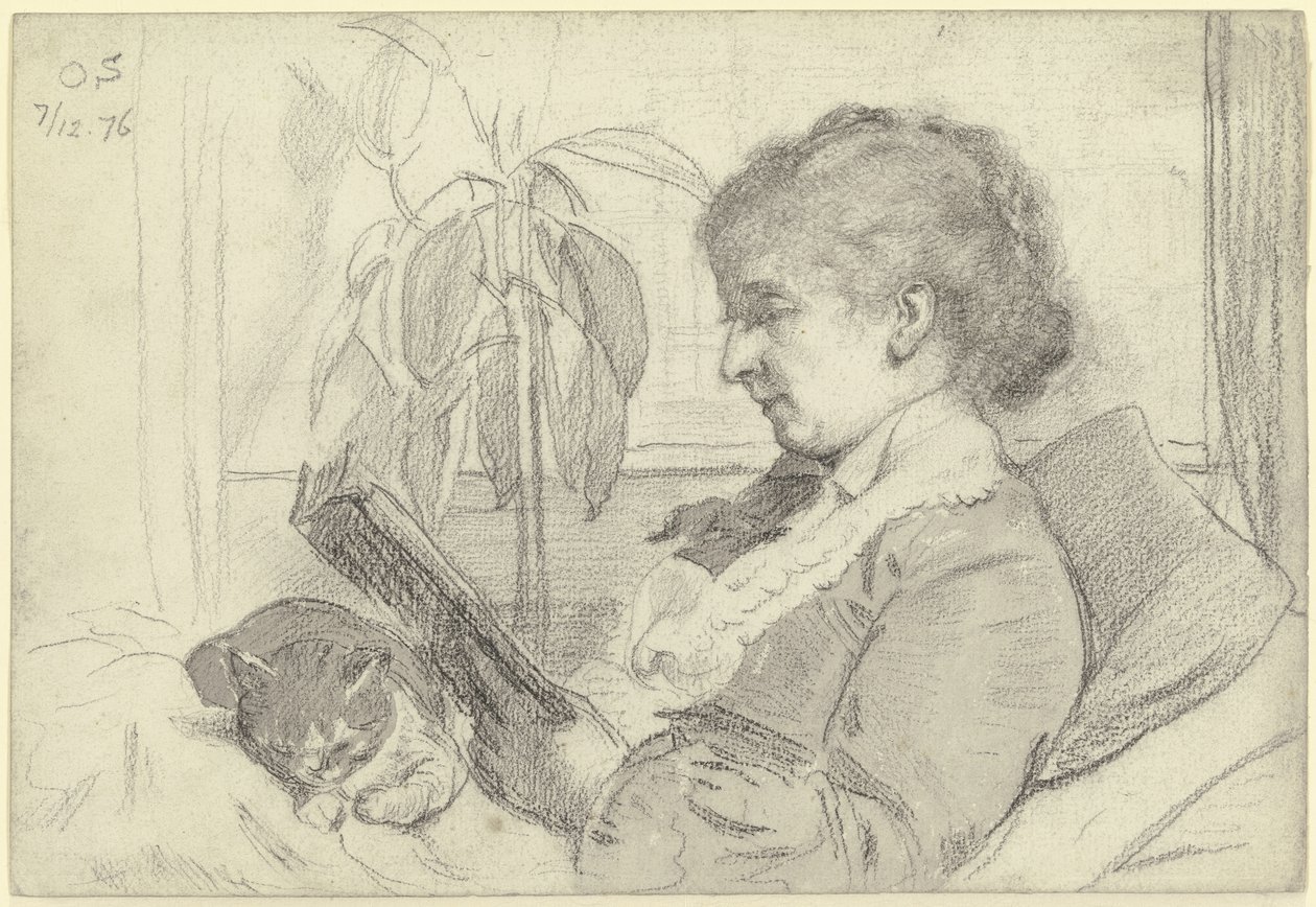 Luise Scholderer leser med en katt av Otto Scholderer