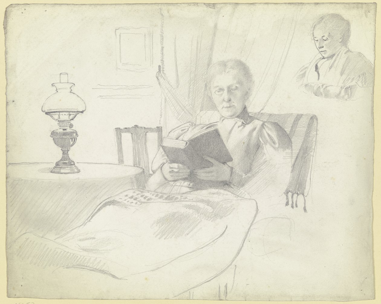 Luise Scholderer leser med bord og lampe, brystbilde av en kvinnelig figur i bakgrunnen av Otto Scholderer