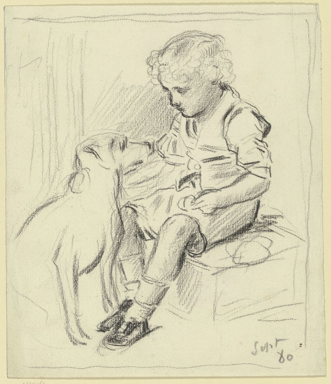 Sittende gutt med sittende hund av Otto Scholderer
