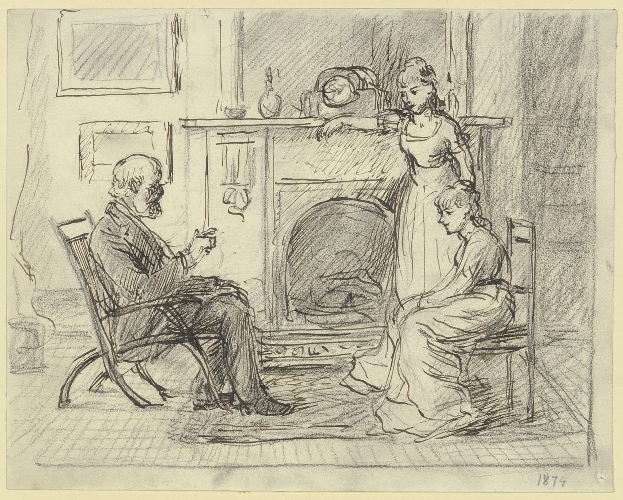 Tre personer ved peisen av Otto Scholderer