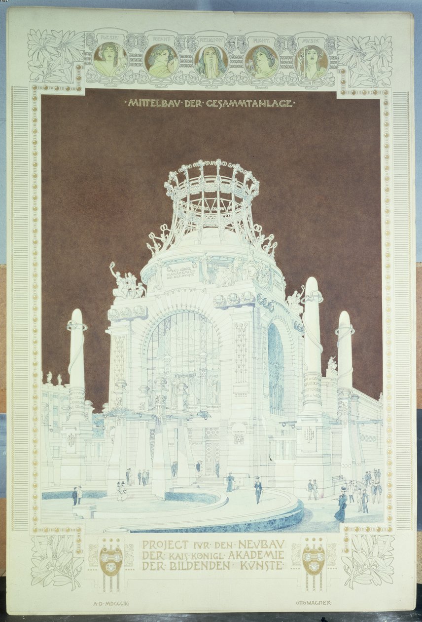 Academy of Fine Arts, Wien, design for Hall of Honor (farget blyant) av Otto Wagner