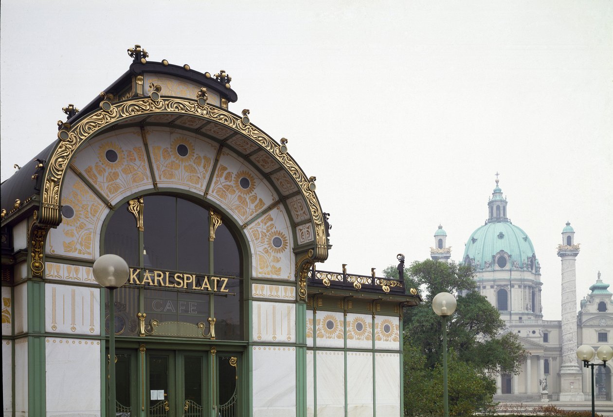 Art Nouveau: utsikt over paviljongen til Karlsplatz t-banestasjon (nå kafé) laget av arkitekt Otto Wagner (1841-1918) (Wiensk løsrivelse) 1894-1899 Wien, Østerrike av Otto Wagner