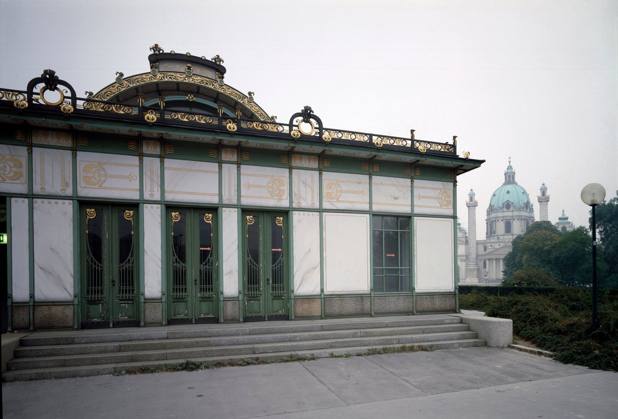 Art Nouveau: utsikt over paviljongen til Karlsplatz t-banestasjon (nå kafé) laget av arkitekten Otto Wagner (1841-1918) (Wiensk løsrivelse) 1894-1899 Wien, Østerrike av Otto Wagner
