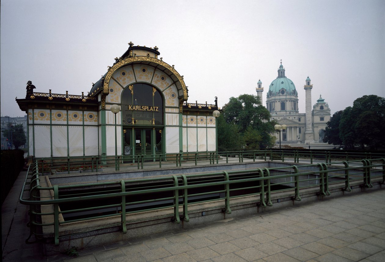 Art Nouveau: utsikt over paviljongen til Karlsplatz t-banestasjon (nå kafé) laget av arkitekten Otto Wagner (1841-1918) (Wiensk løsrivelse) 1894-1899 Wien, Østerrike av Otto Wagner