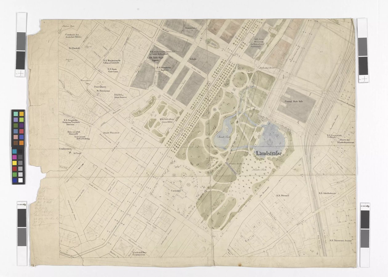 Generell reguleringsplan: kartbladutsnitt av den østlige delen av Indre by og Ringstraße, byparken og den sentrale markedshallen av Otto Wagner