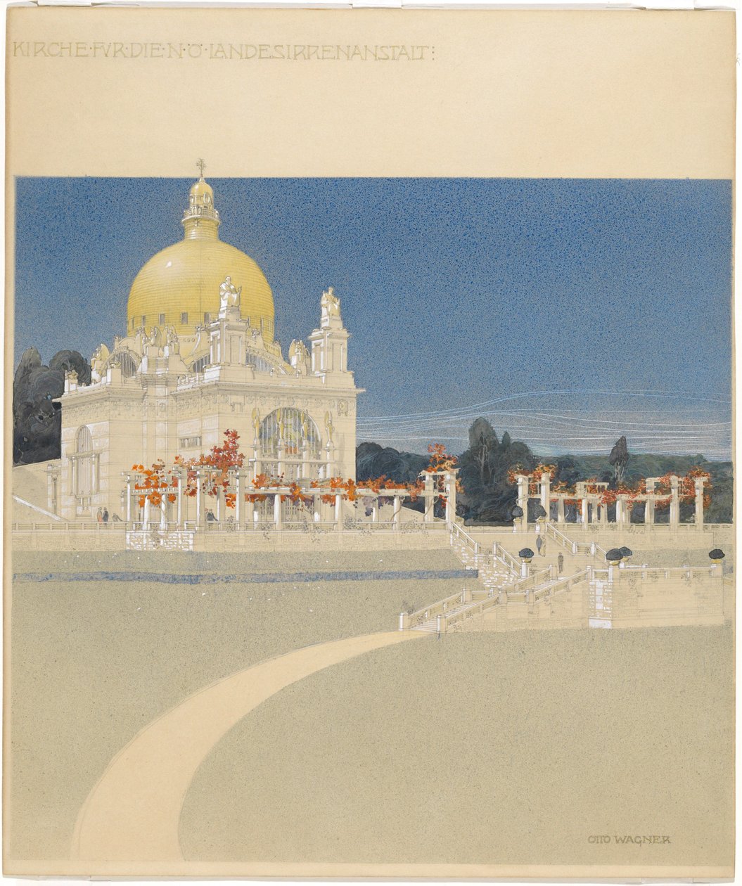 St. Leopolds kirke på Steinhof, konkurranseprosjekt, perspektiv av Otto Wagner