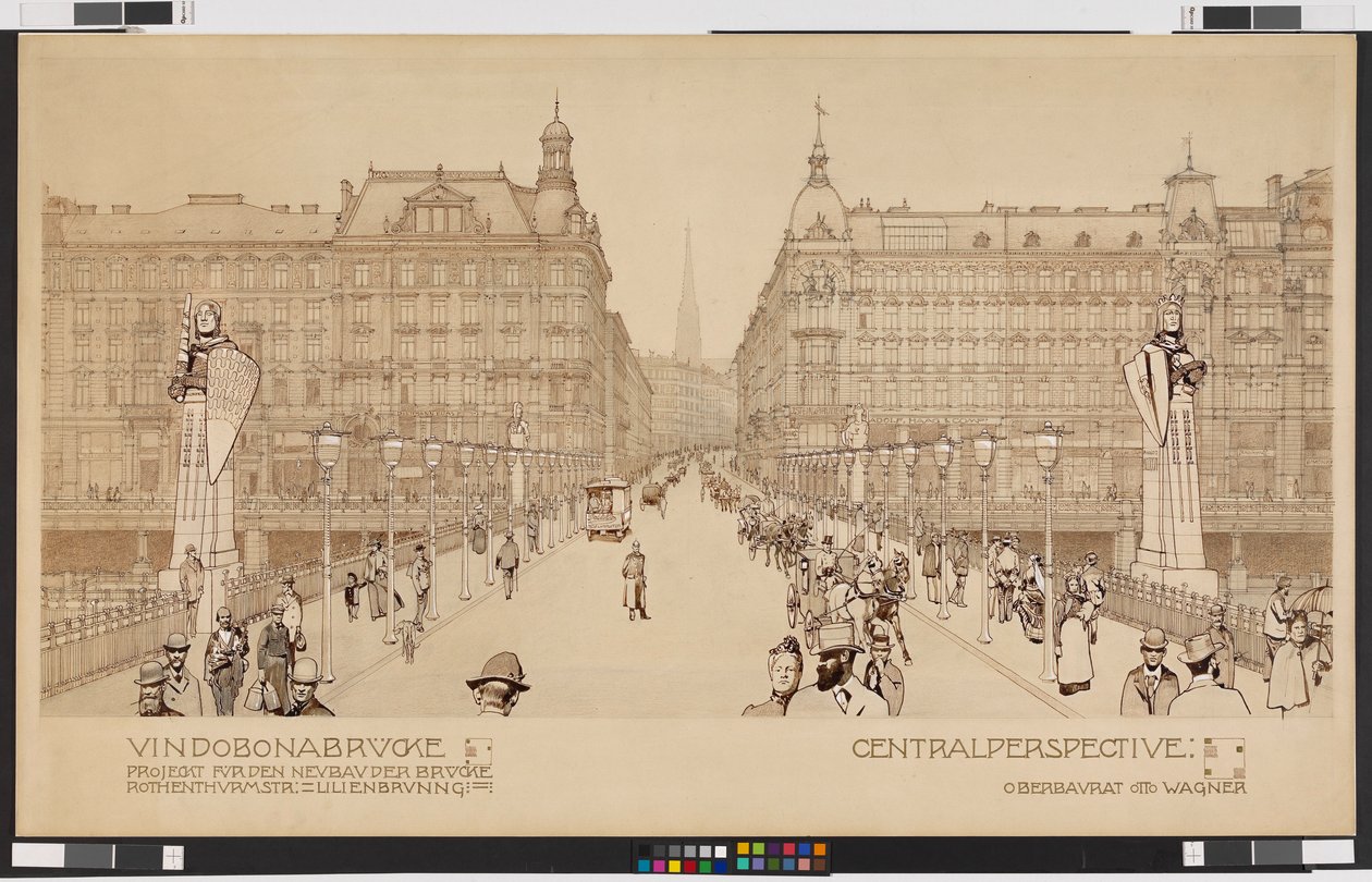 Vindobonabroen / Prosjekt for nybygging av broen Rothenthurmstraße - Lilienbrunngasse. Sentralperspektiv av Otto Wagner