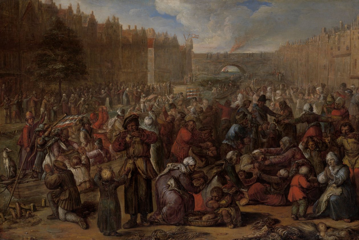 Distribution of Herring and White Bread at the Relief of Leiden, 3 October 1574, c.1600 (oil on panel) av Otto van Veen