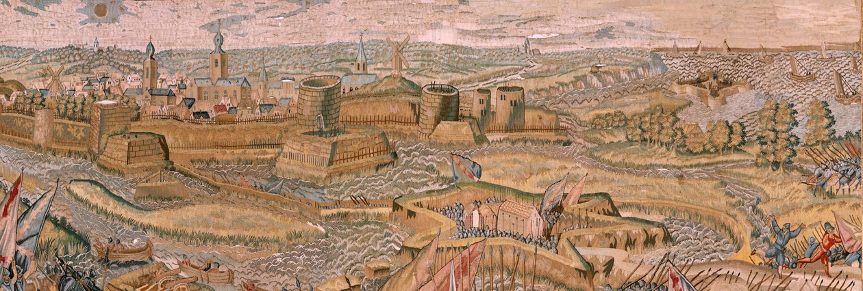 flamsk billedvev. Serietriumfer og slag av erkehertug Albert. Angrep og fangst av den forankrede slagmarken Hulst (Asalto y toma del campo atrincherado de Hulst). Sjette billedvev i serien. Modell Otto van Veen og Hans I Snellinck. Produsent av Otto van Veen