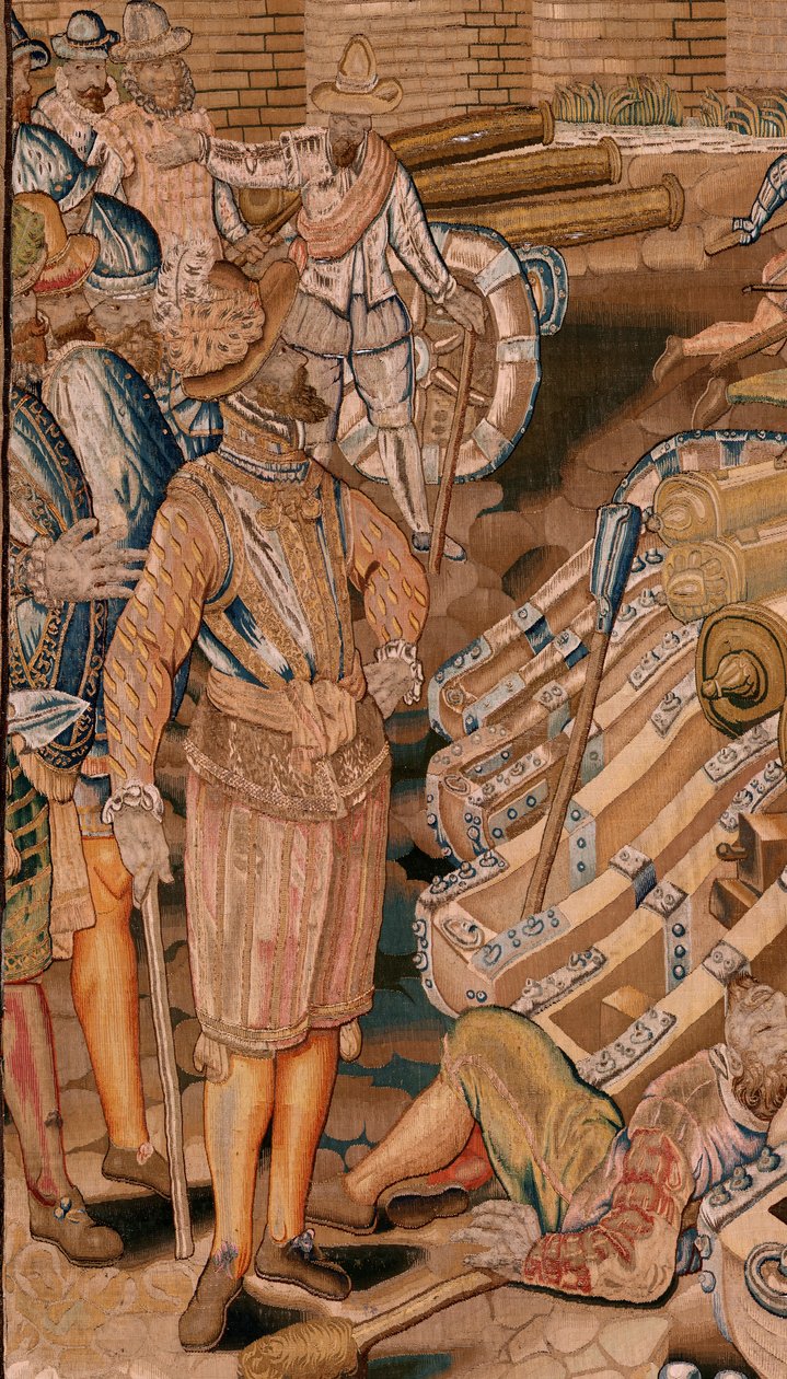 flamsk billedvev. Serietriumfer og slag av erkehertug Albert. Angrep på byen Calais (Asalto de la plaza de Calais). Andre billedvev i serien. Modell Otto van Veen og Hans I Snellinck. Produksjon Martin Reynbouts, Brussel av Otto van Veen