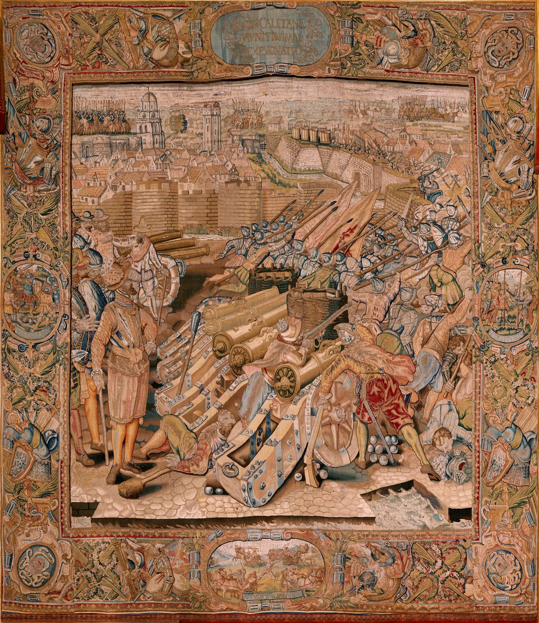 flamsk billedvev. Serietriumfer og slag av erkehertug Albert. Angrep på byen Calais (Asalto de la plaza de Calais). Andre billedvev i serien. Modell Otto van Veen og Hans I Snellinck. Produksjon Martin Reynbouts, Brussel av Otto van Veen
