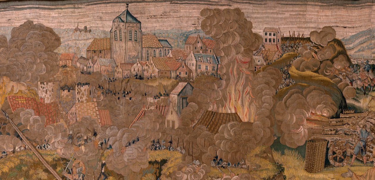 flamsk billedvev. Serietriumfer og slag av erkehertug Albert. Nattlig angrep på Ardres eller fangst av den lave byen Ardres (Asalto nocturno de Ardrés o Toma de la baja villa de Ardrés). Tredje billedvev i serien. Modell Otto van Veen og Hans I Snell av Otto van Veen