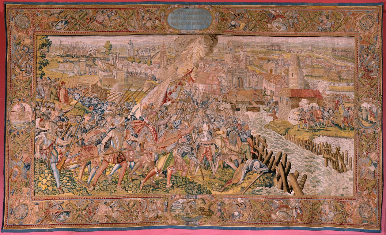 flamsk billedvev. Serietriumfer og slag av erkehertug Albert. Overraskelse på Calais (La sorpresa de Calais). Første billedvev i serien. Modell Otto van Veen og Hans I Snellinck. Produksjon Martin Reynbouts, Brussel. 1597-1599. Stoff Gull, sølv, si av Otto van Veen