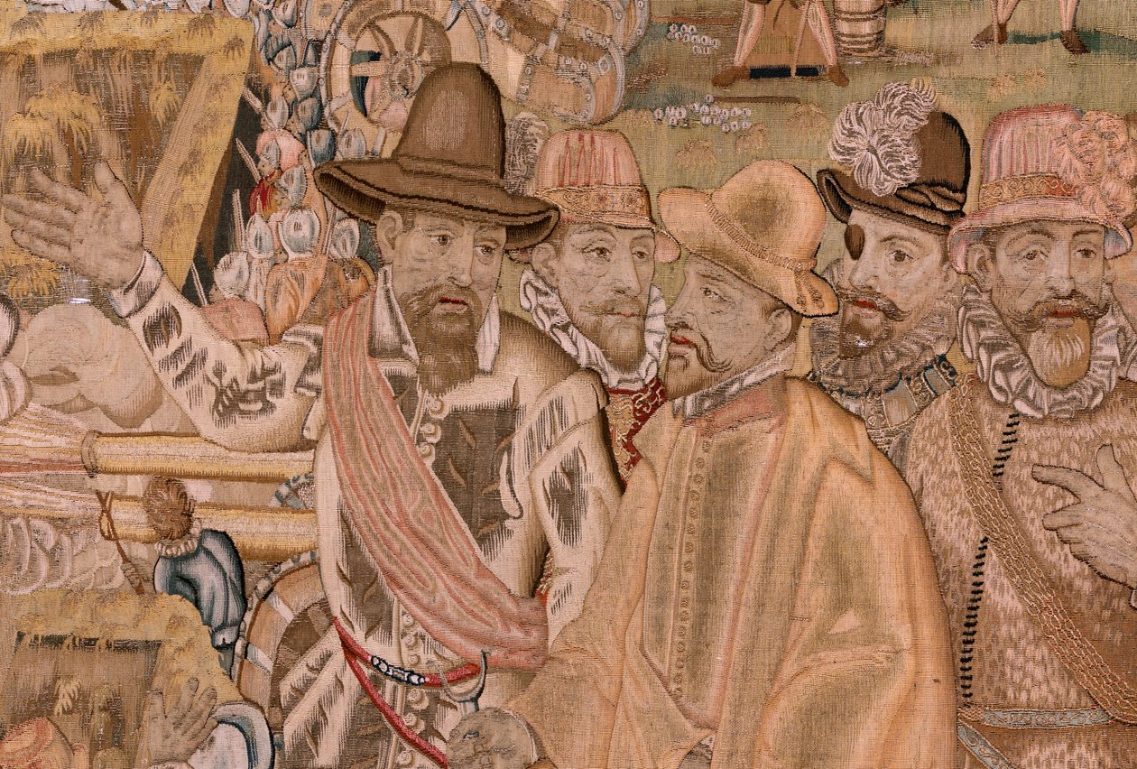 flamsk billedvev. Serietriumfer og slag av erkehertug Albert. Erobringen av byen Hulst (Toma de la Plaza de Hulst). Syvende billedvev i serien. Modell Otto van Veen og Hans I Snellinck. Produksjon Martin Reynbouts, Brussel av Otto van Veen
