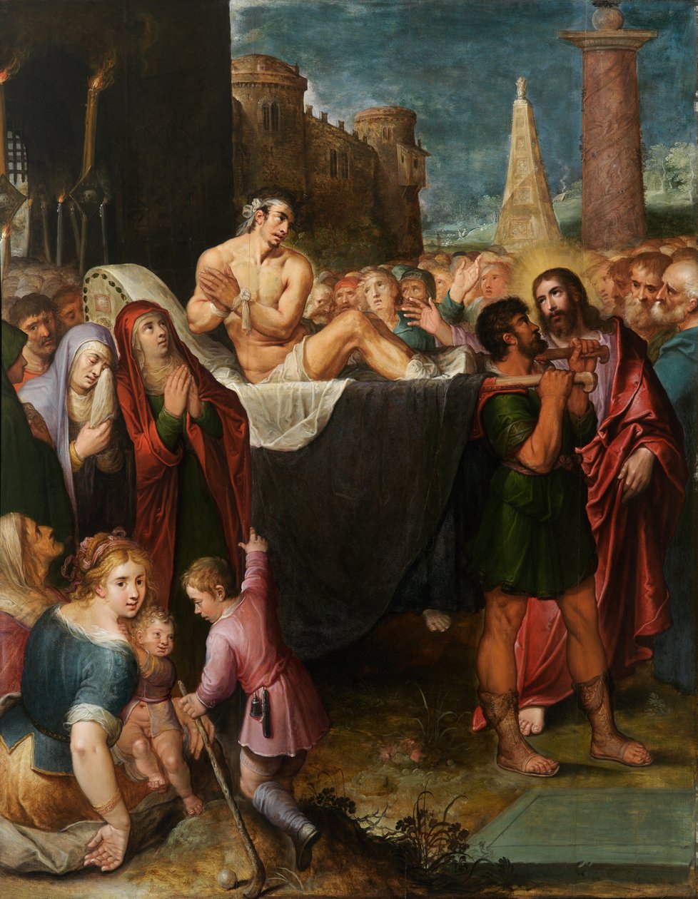Revival of the Young Man fra Nain (olje på panel) av Otto van Veen