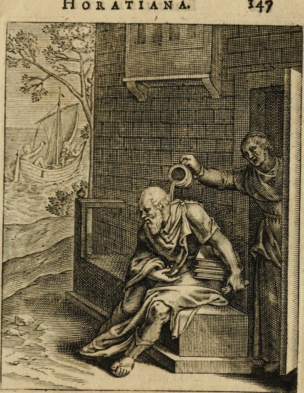 Xanthippe tømmer en kammergryte over Sokrates. Fra Emblemata Horatiana, 1607 av Otto van Veen
