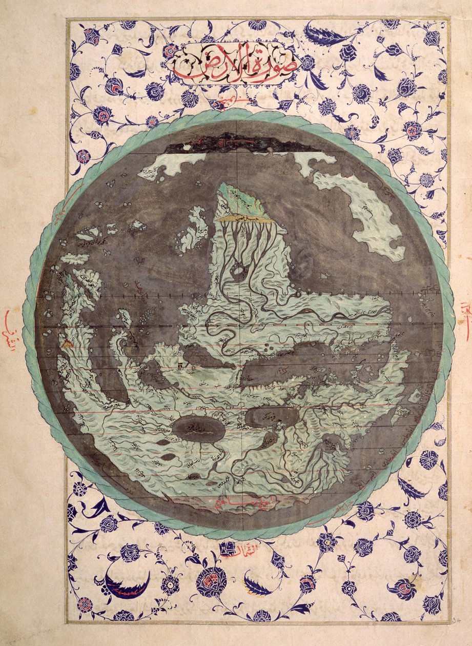 CBL T.414 fol.34a Kart over verden, fra en kopi av Zubdat al-Tawarikh, av The Cream of Histories, sent på 1500-tallet av Ottoman School