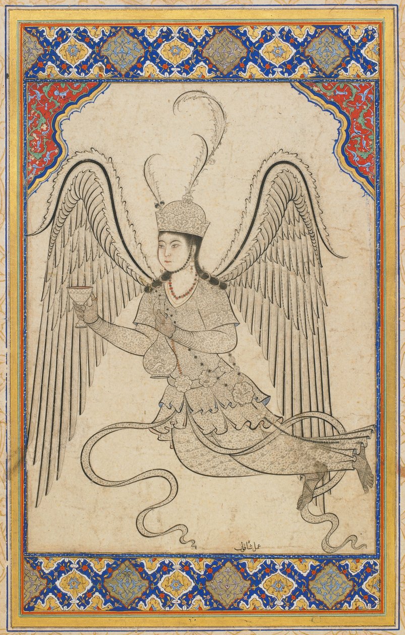 Engel, flygende, med kopp og vinkolbe (blekk, fargevask og gull på papir) av Ottoman School
