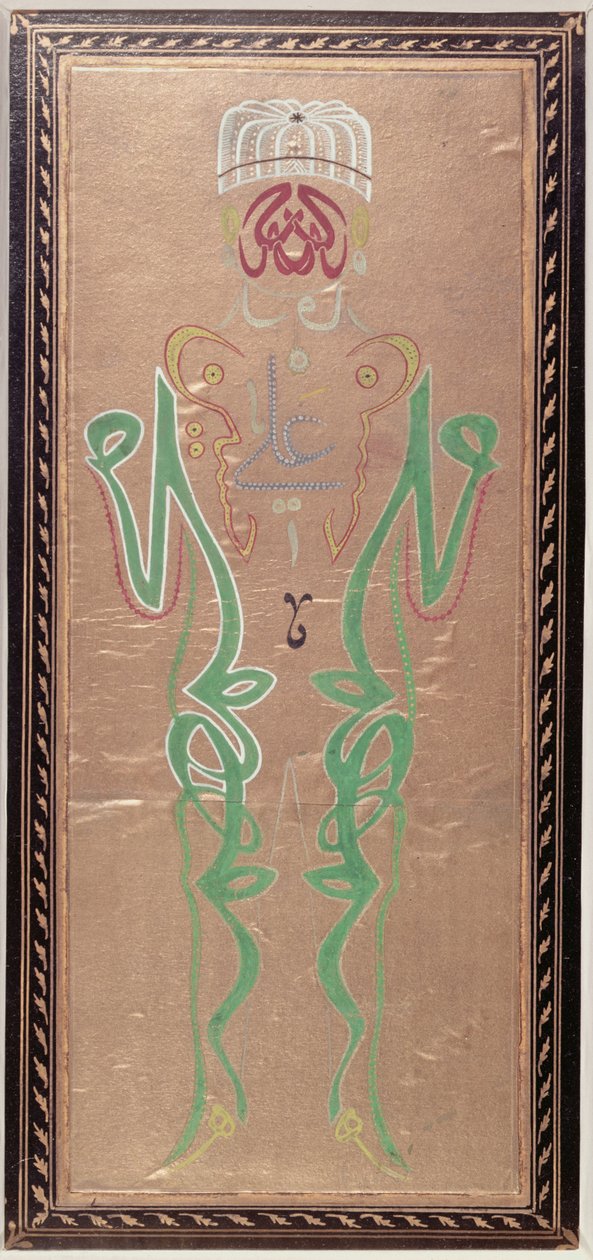 Arabisk kalligrafi med navnene til Muhammad, svigersønnen hans, Ali og Alis to sønner, Hassan og Hussein (farget blekk på papir) av Ottoman School
