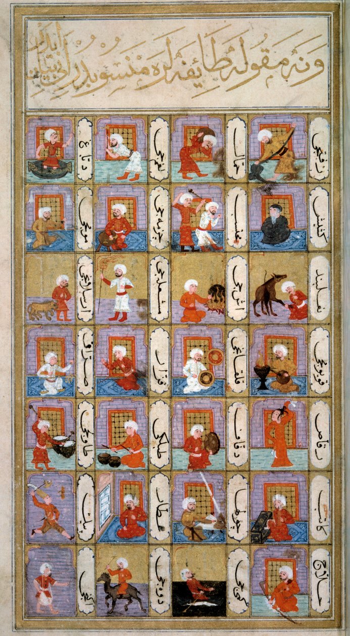 Astrologi: representasjon av menneskets forskjellige aktiviteter i henhold til planetene: musiker, snekker, vever, kamelmaker, kopist, maler, skredder. Miniatyr fra det osmanske manuskriptet 242 "" Matali 