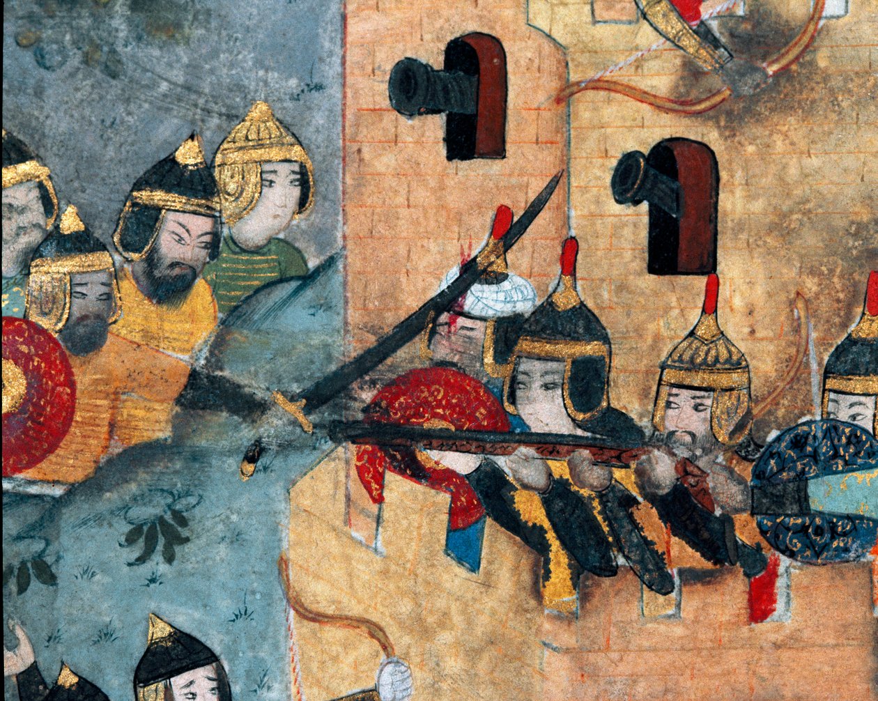 Kampscene mellom den osmanske hæren til Murad III (1546-1595) (til venstre) og forsvarerne av en sterk detalj-tartar. Codex miniatyr R-1296. Topkapi Sarayi Museum Library Istanbul fra 1500-tallet av Ottoman School