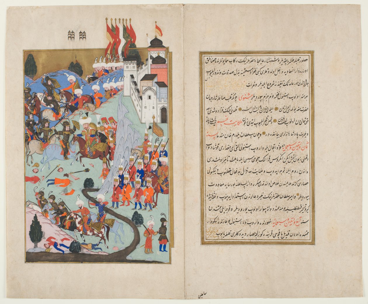 Bayezid I, The Thunderbolt, styrter korsfarerne i slaget ved Nicopolis, fra Hunernama (ugjennomsiktig wc og blekk på papir) av Ottoman School