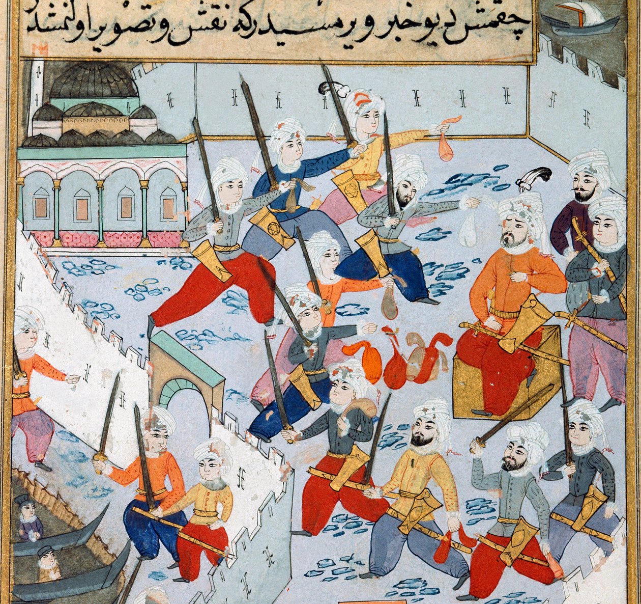 Erobring av Konstantinopel: hæren til den osmanske sultanen Mehmet II (Mehmed II erobreren eller Muhammad II Fatih) (1430-1481) i Det gylne horn beleiret byen Konstantinopel i 1453. Miniatyr fra 1400-tallet. Topkapi Sarayi Museum Library Istanbul av Ottoman School