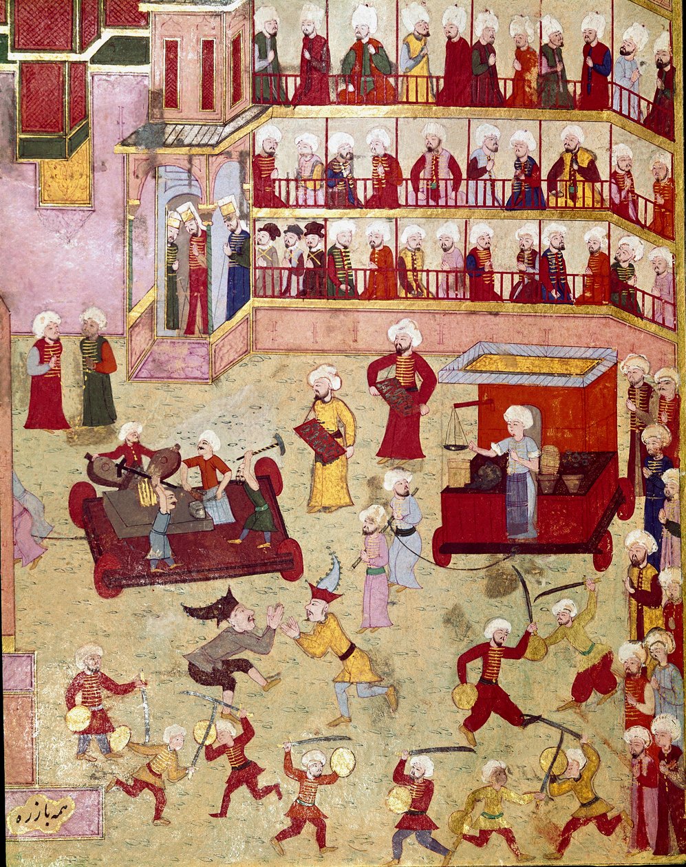 Festligheter organisert i anledning omskjæringen av sønnen til den osmanske sultanen Murad II (Murat) (1404-1451), sjonglører, akrobater og gullmenn kom for å presentere miniatyrprøver fra Istanbul fra 1500-tallet, Topkapi Sarayi Museum Library av Ottoman School