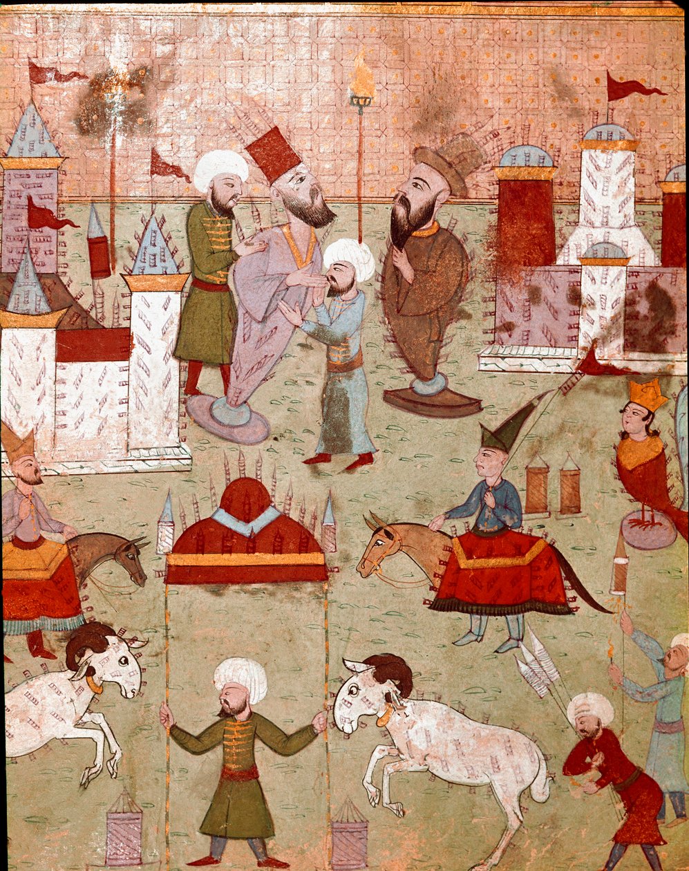 Festligheter organisert i anledning omskjæringen av sønnen til den osmanske sultanen Murad II (Murat) (1404-1451), forberedelse av fyrverkeri Miniatyr av Istanbul fra 1500-tallet, Topkapi Sarayi Museum Library av Ottoman School