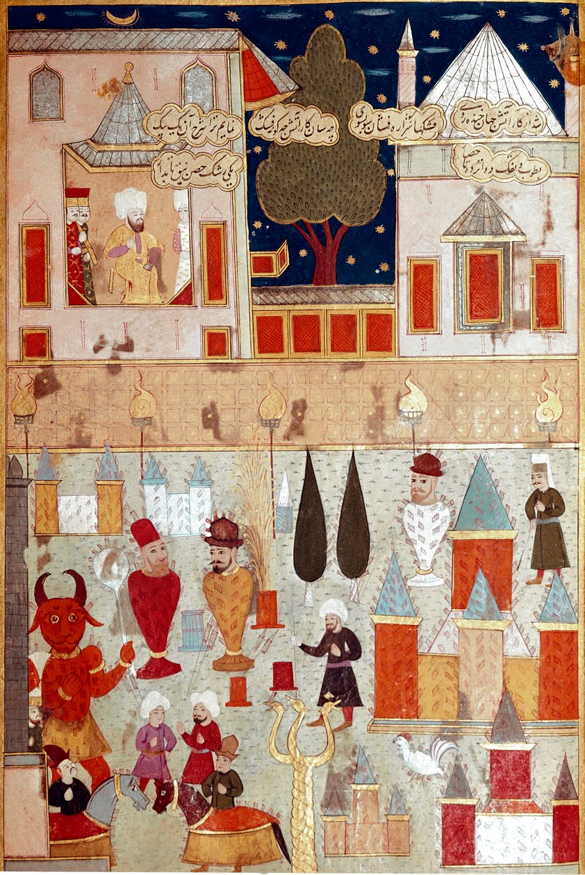 Festligheter organisert i anledning omskjæringen av sønnen til den osmanske sultanen Murad II (Murat) (1404-1451), forberedelse av fyrverkeri Miniatyr av Istanbul fra 1500-tallet, Topkapi Sarayi Museum Library av Ottoman School