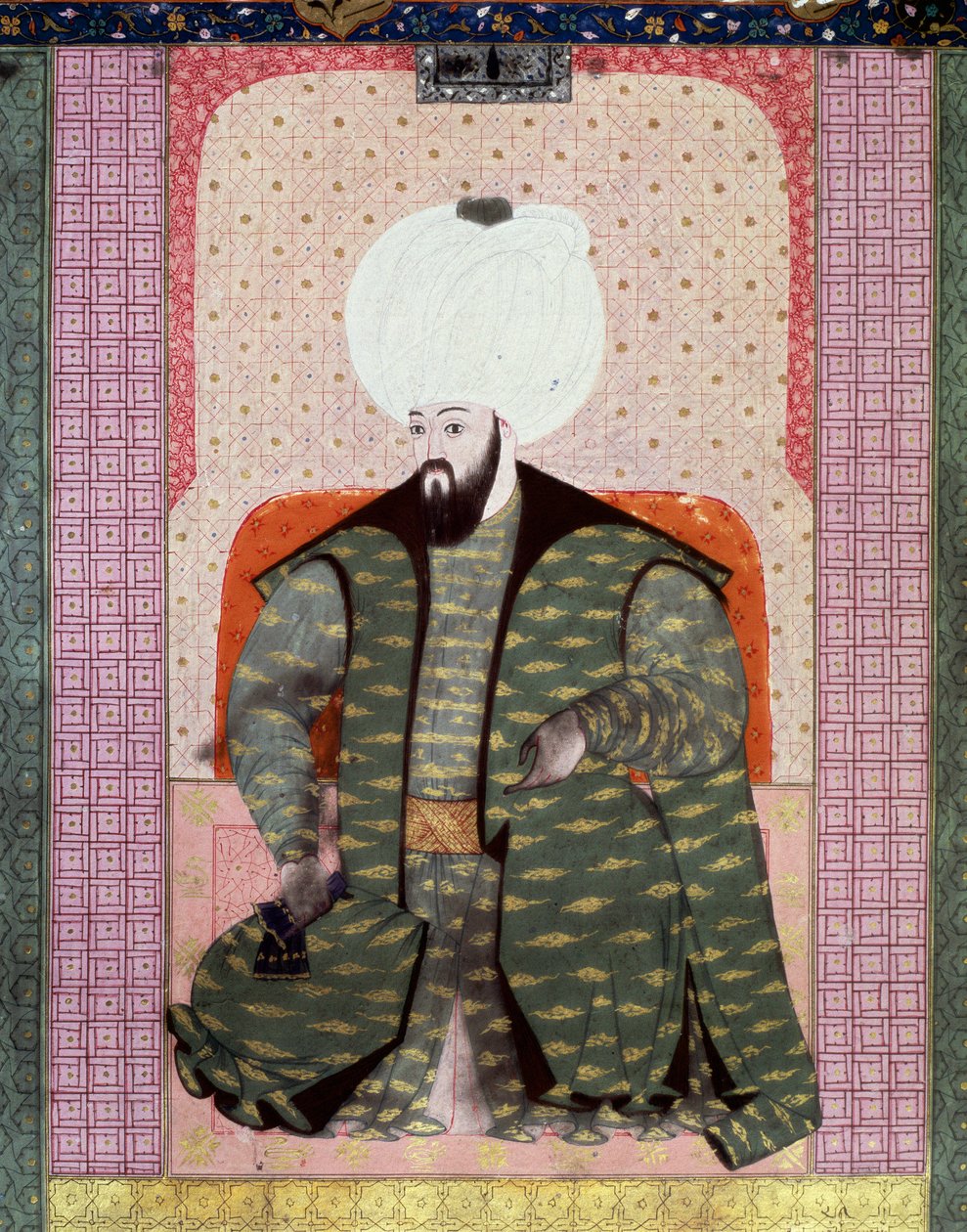 Det osmanske riket: "" Portrett av den osmanske sultanen Bajazed (Bayezid, Bajazet, Bayazid) II den rettferdige (1447-1512)"" Miniatyr fra manuskriptet (Ms. 1973, folio 62a) "" Zubdat al Tawarikh" (Zubdat al Tawarikh) (Creme of Stories) av historikeren Sey av Ottoman School