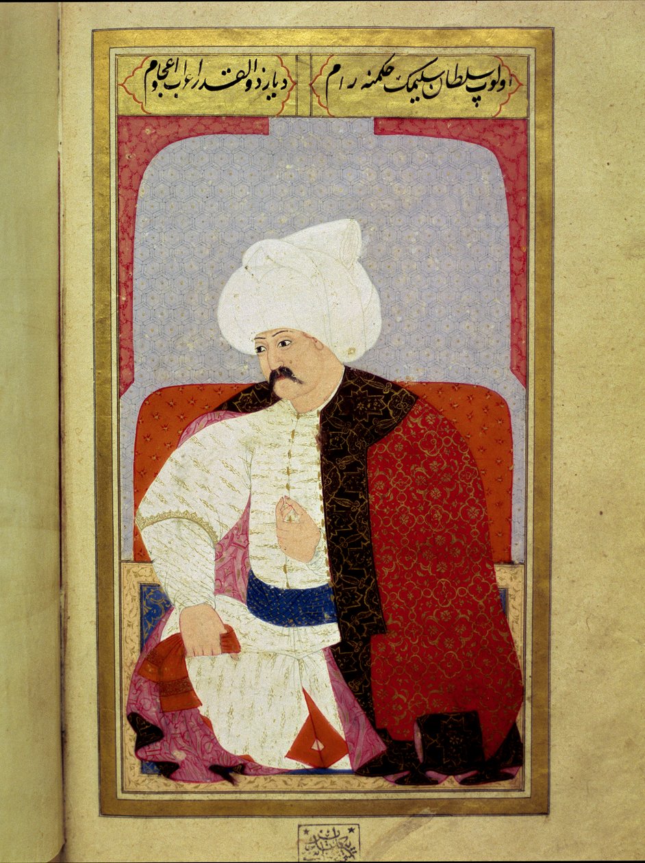 Det osmanske riket: "" Portrett av den niende osmanske sultanen Selim I Says the Terrible or the Cruel (1470-1520)"" Miniatyr fra manuskriptet "" Menneskelig fysiognomi (Om de personlige arrangementene til osmannerne) av Seyyid Lokman Hussein. (Ms. ty6087  av Ottoman School