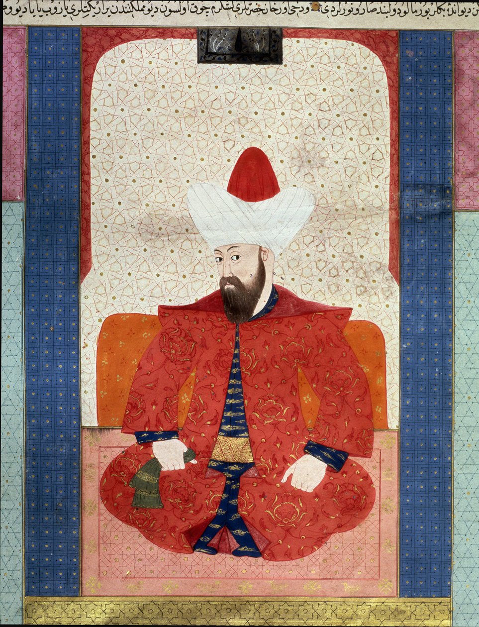 Det osmanske riket: "" Portrett av sultanen fra det osmanske riket Orhan (Orkhan eller Urchan) I (1281-1360)"" Miniatyr fra "" Zubdat al Tawarikh"" (Ms. 1973, fol. 59b) av Seyyyd Lokman Ashuri 1583 Istanbul, tyrkisk-islamsk kunstmuseum av Ottoman School