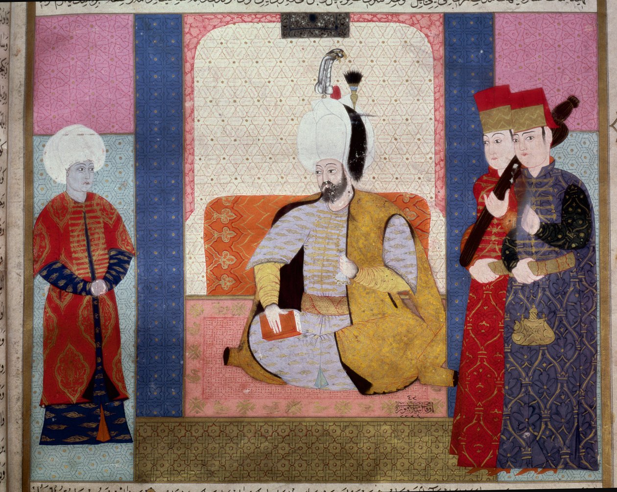 Det osmanske riket: "" Sultan Murad III (1546-1595) omgir hoffmenn""" Miniatyr fra "Zubdat al Tawarikh"" (Ms. 1973, fol. 59b) av Seyyd Lokman Ashuri 1583 Istanbul, Tyrkisk-islamsk kunstmuseum av Ottoman School