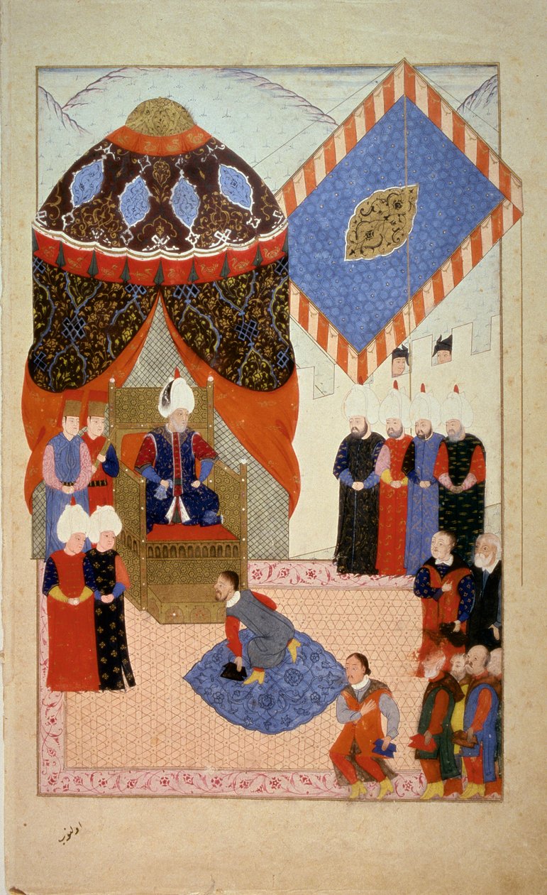 Det osmanske riket: Sultan Soliman (Suleyman) I said the Magnificent (1520-1566) surrounds courtesans”” Miniatyr hentet fra “” Nuzhet el-Esrar el-Ahbar der Sefer-i Sigetvar”” (Nuzhet el Estrar el Ahbar der Sefer i Sigetvar) ) (Krønikker om kampanjene til S av Ottoman School