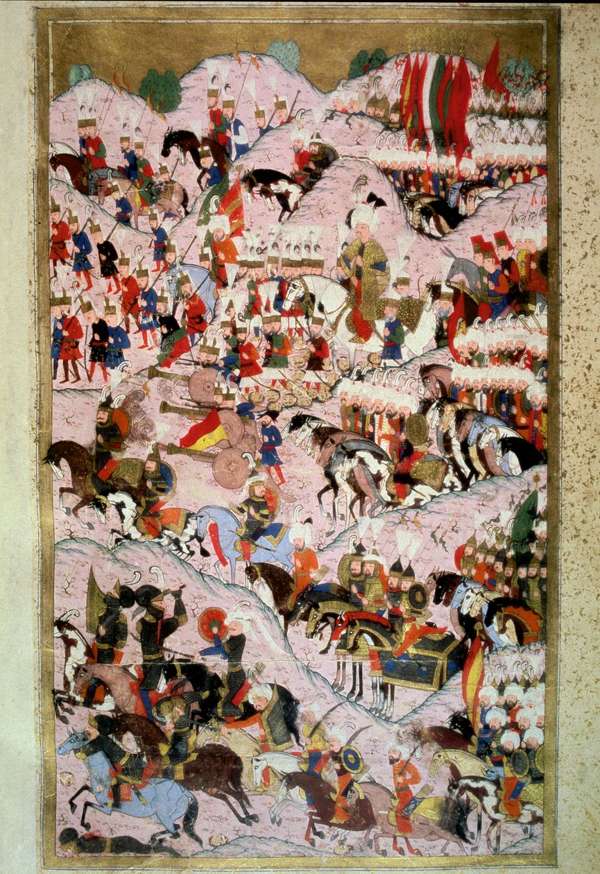 Det osmanske riket: "" Sultan Soliman (Suleyman) Jeg sa det storslåtte i slaget ved Mohacs 29.08.1526 mot hæren til kongeriket Ungarn, kommandert av kong Louis II""" Miniatyr fra "Hunername" av Lokman, vol. 1 (H 1523, f.256b) 1584 Topkapi S av Ottoman School